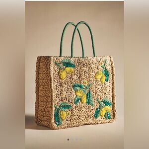 NWT Antropologie Straw Lemon Embroidered Tote Bag with Green Handles